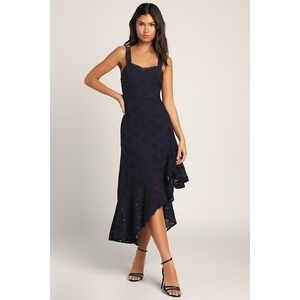Lulus Dress Women Medium Adoring Days Navy Blue Eyelet Ruffled Asymmetrical Maxi